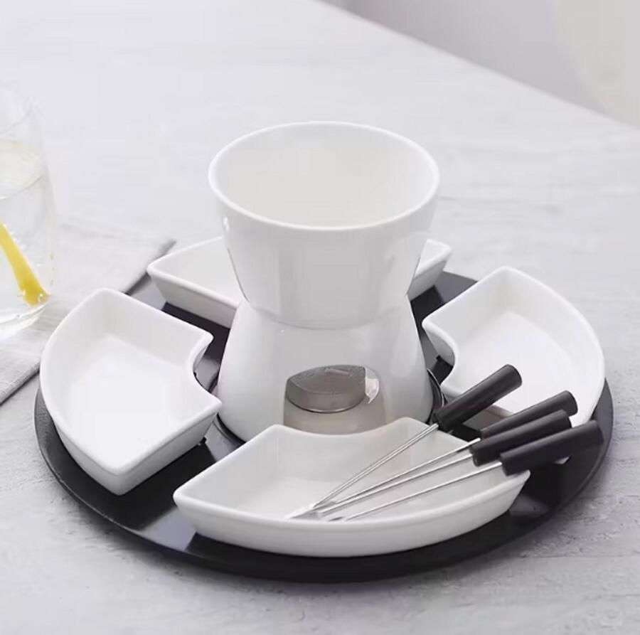 Kaasfondue Set Kaasfondue Set Keramiek Porseleinen Fondue met 4 Vorken Wit