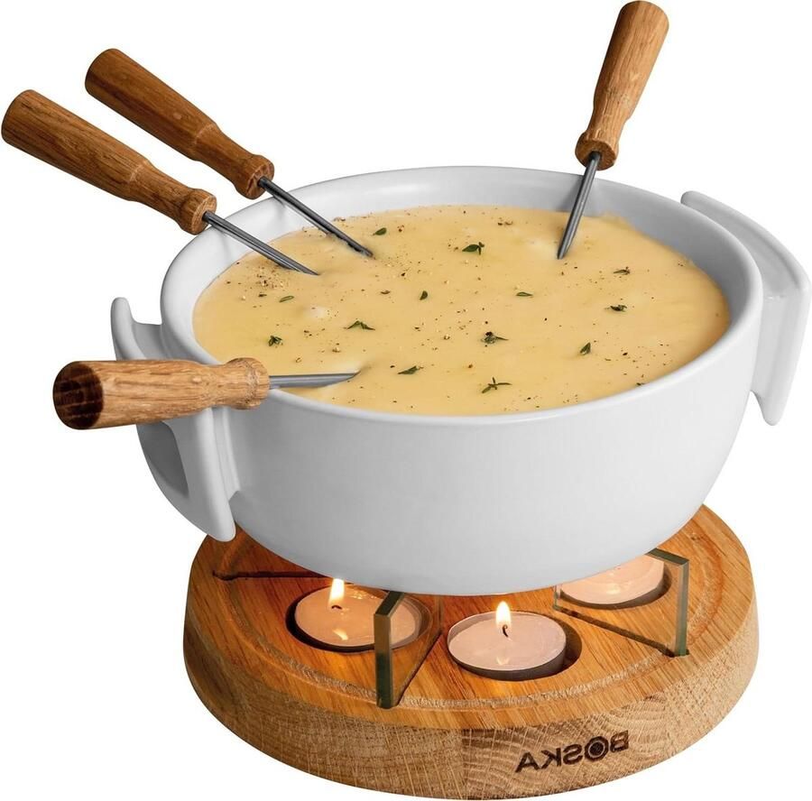 Kaasfondue Set Theelicht Fondue Gezellig Smelten Glas en Eiken 1.6 Liter Bruin