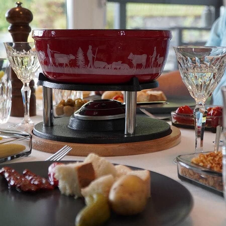 Kaasfondueset traditionele Zwitserse fondue 2 l 6 personen fondueset gegoten aluminium hout kunststof mesh 21 x 31 x 17 2 cm diameter 21 cm