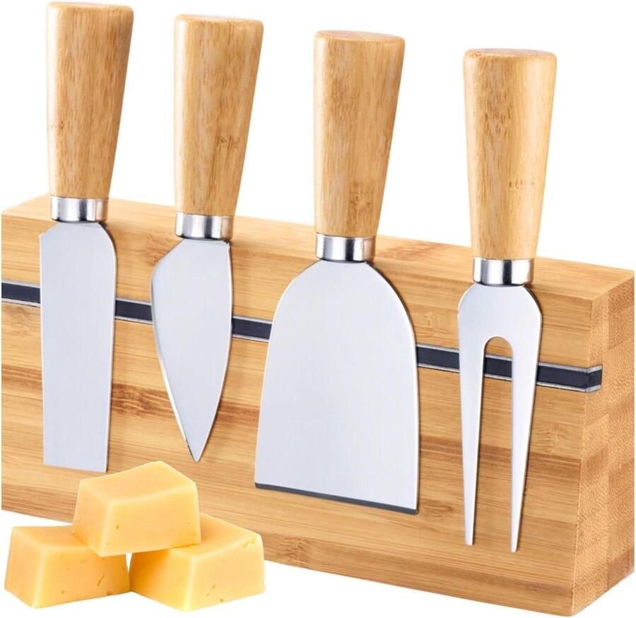 Kaasmessenset 5-delig Kaasbestek houder Serveren van kaas Met bamboehouder 25 x 9 x 4 cm
