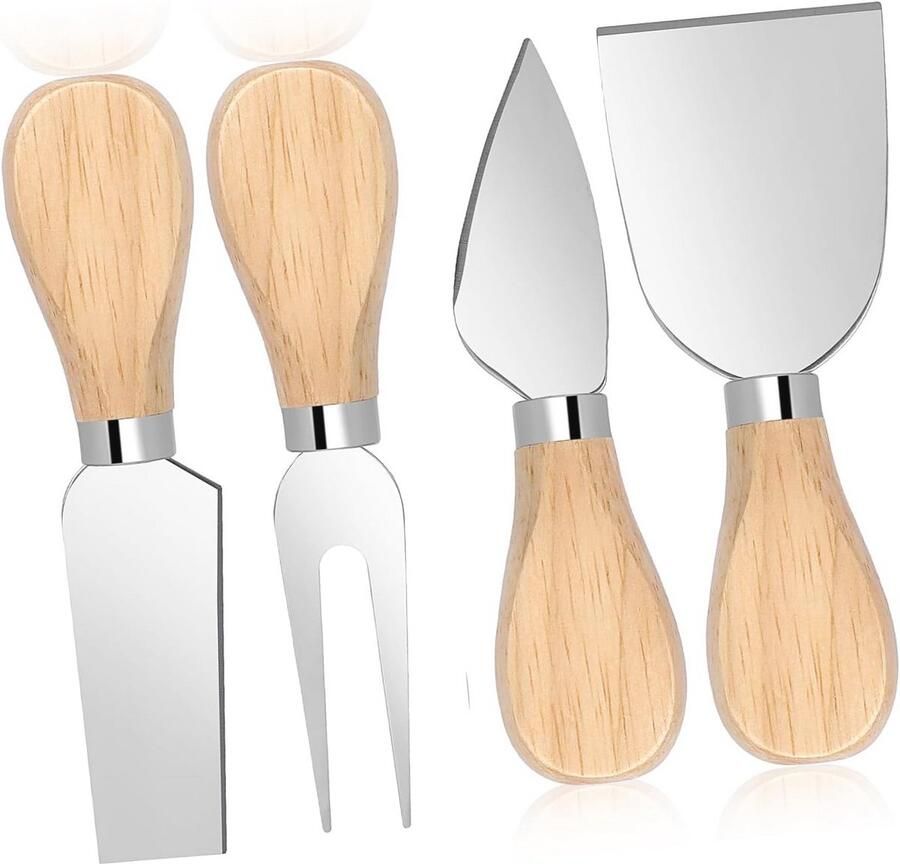 Kaasmessenset van 4 Stuks Roestvrij Staal en Houten Handvat Perfect voor Kaas en Desserts