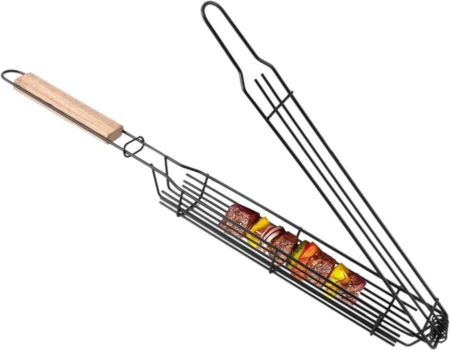 Grillmand Groenten Kabob Rooster Moeiteloos Grillen Afsluitbaar Rooster 44 Centimeter Houtkleur