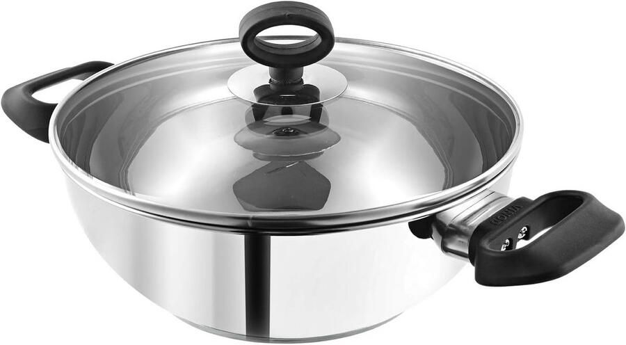 Kadai Wok Pan Koekenpan met deksel Gelijkmatig Koken Sandwichbodem Technologie 24 cm Zilver