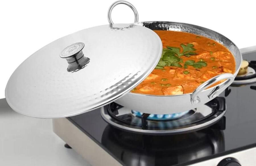 Kadhai met Deksel Soeppan Koekenpan Koken en Serveren Triply Roestvrij Staal 35 cm Zilver