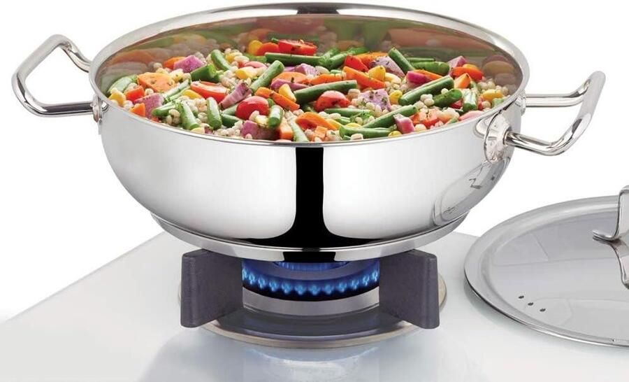 Kadhai met Deksel Steel Pan Dagelijks Koken Drievoudige Bodem 2.8 Liter Zilver