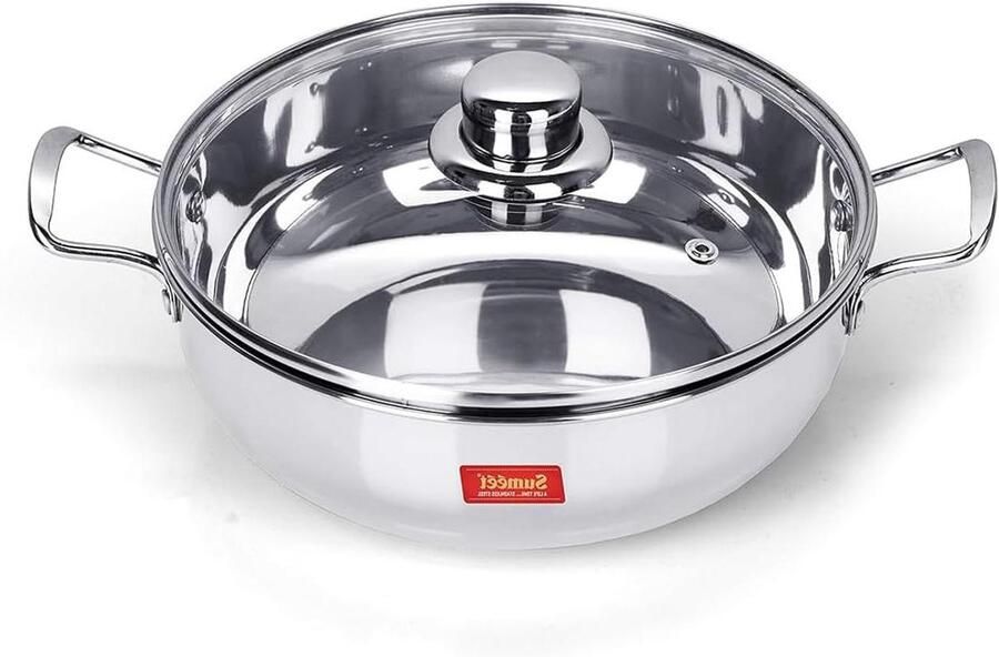 Kadhai met Glazen Deksel Soeppan Braadpan Snel Koken Energiezuinig Sandwich Bodem 3.8 Liter Zilverkleurig