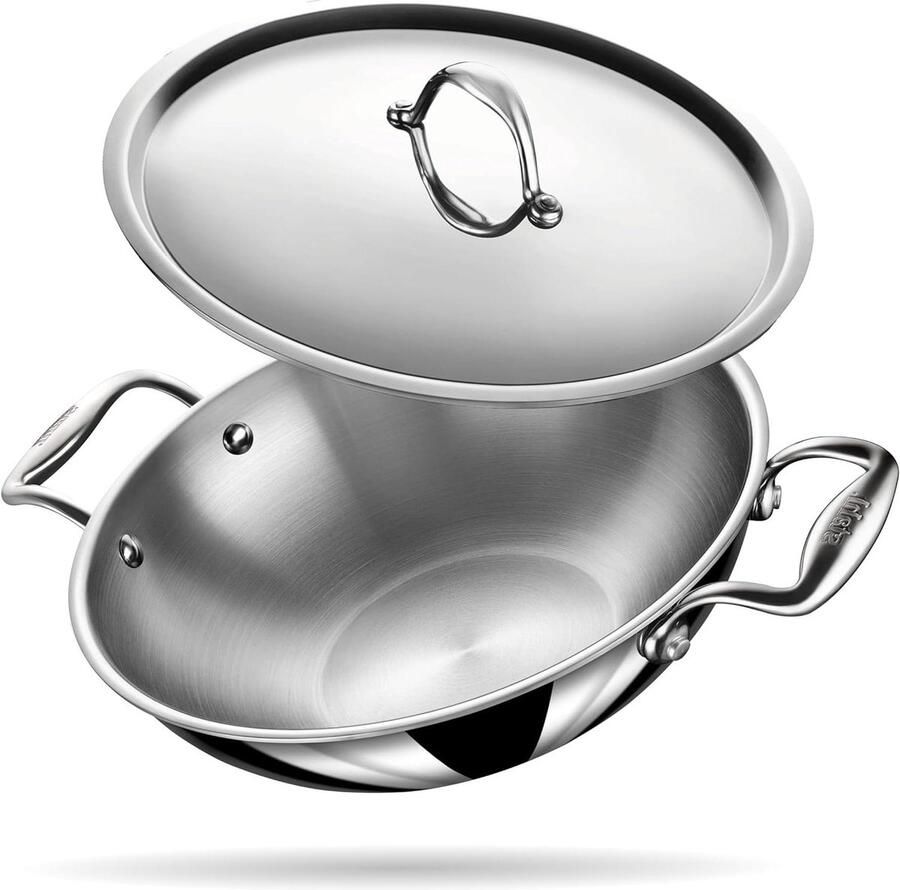 Kadhai Roestvrij Staal Koekenpan Kadai Inductie Koken Triply Warmteverdeling 30 cm Zilver