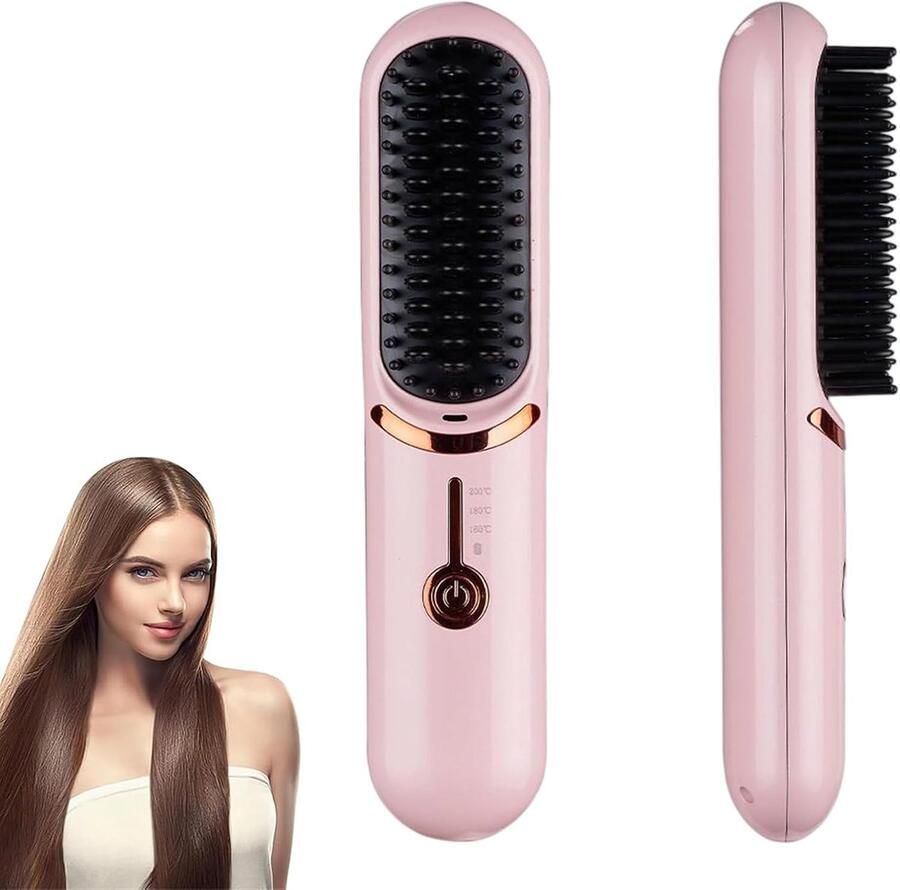 Kam draadloze stijlborstel draagbaar en praktisch voor op reis oplaadbaar via USB 5400 mAh negatieve ionen verwarming voor vrouwen en mannen (roze)
