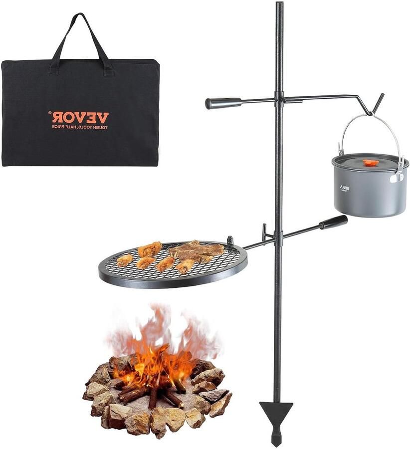 Kampeer Gril Kampvuur Grill Buiten Koken Draaibaar Hoogte Verstelbaar 360 x 360 mm Zilver