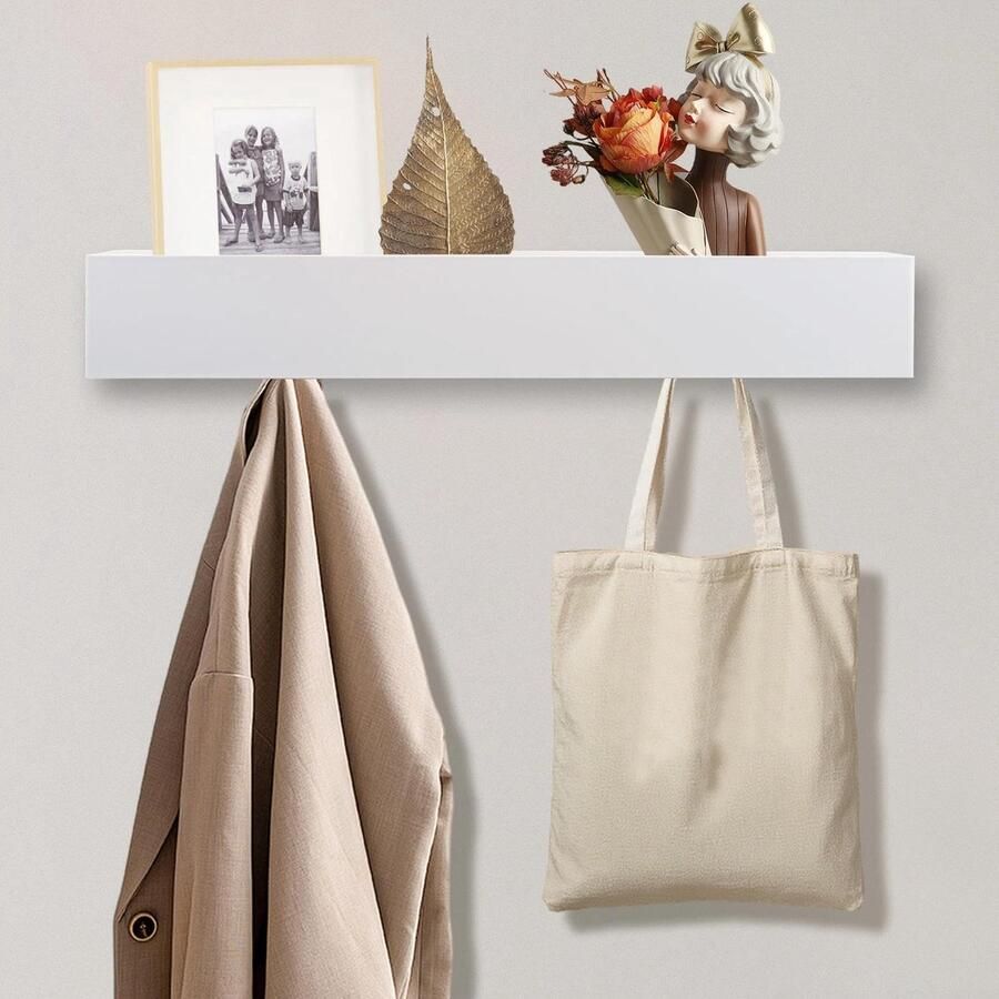 Kapstok met plank witte haaklijst garderobe met 5 verborgen haken en houten plank voor slaapkamer hal en woonkamer