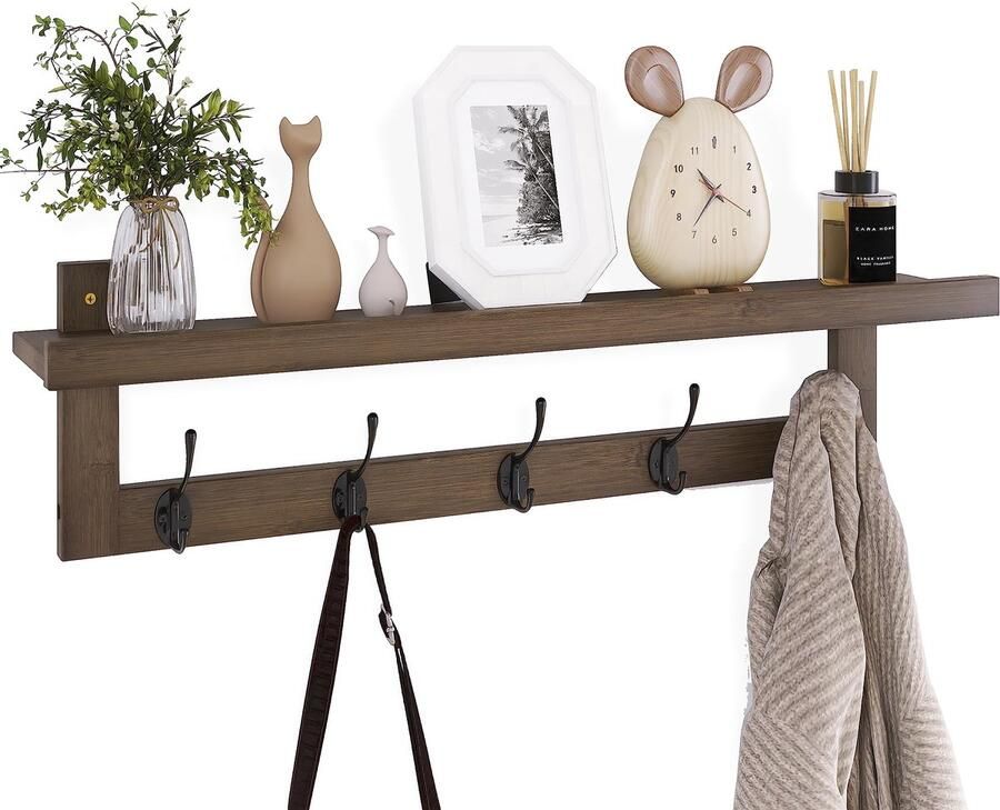 Kapstokken met plank aan de muur 74 cm kapstok voor aan de muur bamboe hangende plank met 5 dubbele metalen haken voor badkamer slaapkamer keuken woonkamer mudroom (walnoot)