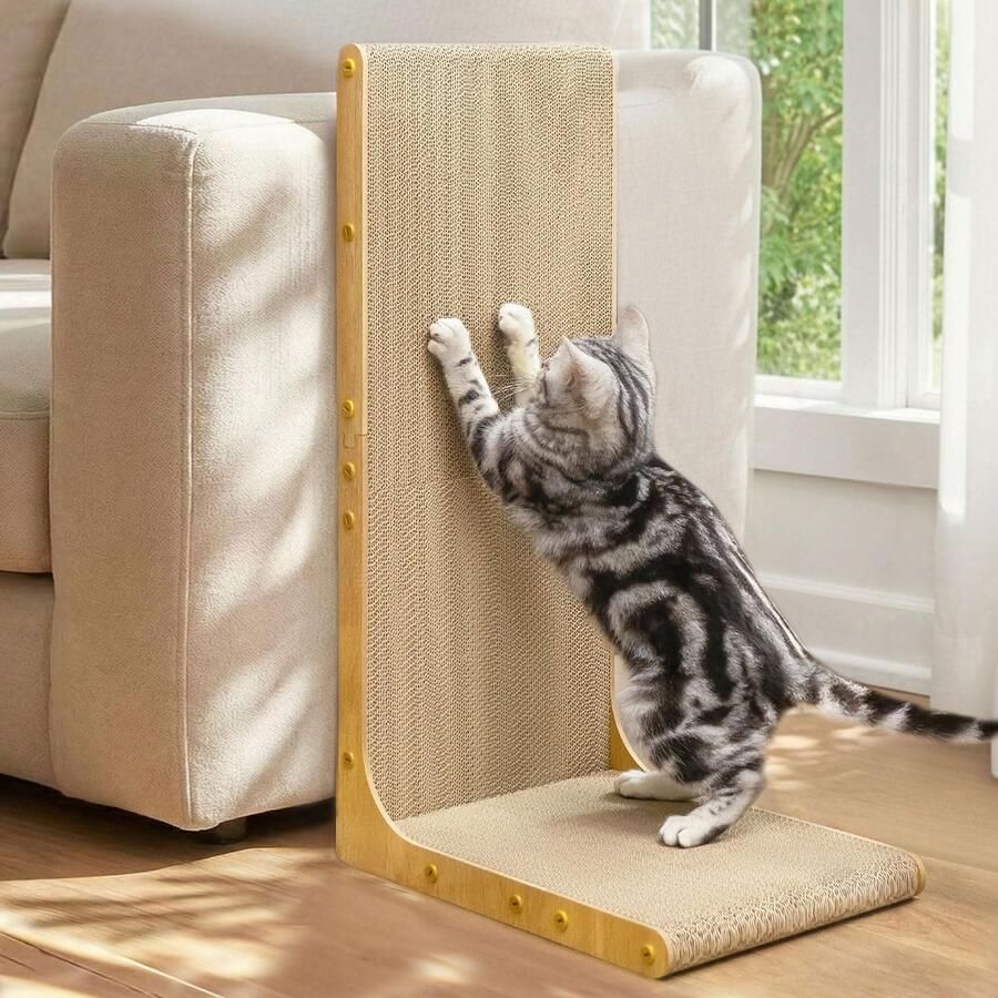 Kartonnen kattenkrabber 66 cm L-vorm krasmat wandmontage verticale krabpaal duurzaam karton om meubels voor binnenkatten te beschermen houtnerf Junbo