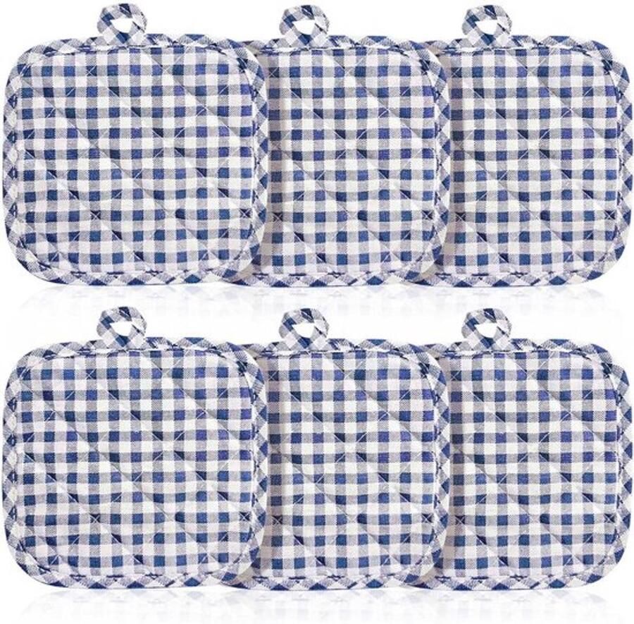 Katoenen Pannenonderzetters in Blauw Ruitpatroon 6 Stuks Multifunctionele Keukenaccessoires voor Koken en Organisatie