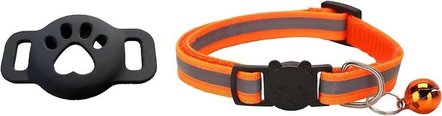 Kattenhalsband met houder voor Air Tag reflecterend en elastisch verstelbaar en anti-wurging oranje design