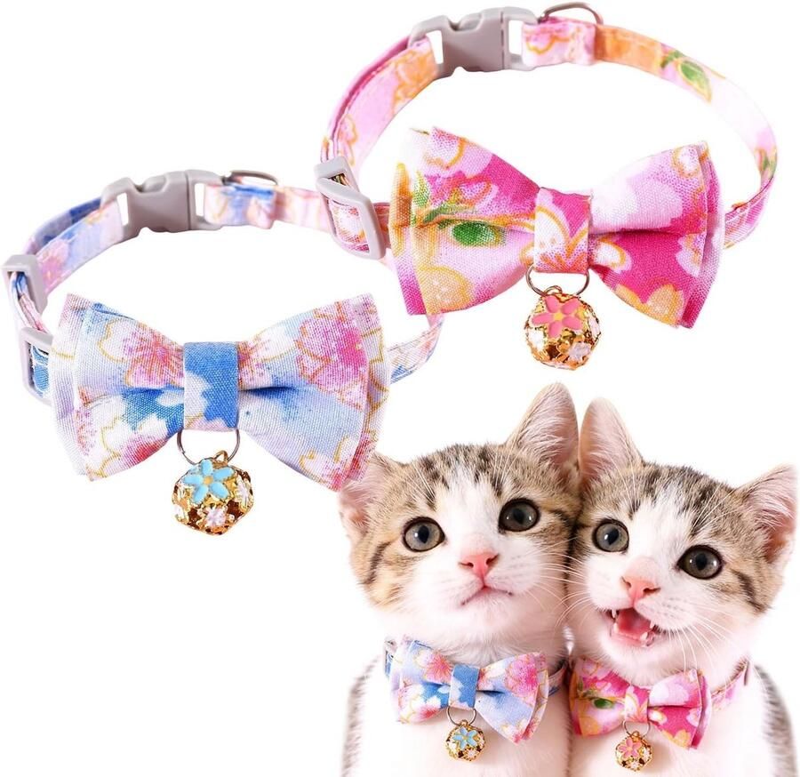 Kattenhalsbanden met bloemenpatroon en veiligheidssluiting verstelbaar met vlinderdas en gekleurd belletje voor katten en kleine honden 2 stuks