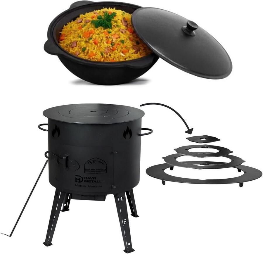 Kazan Wok Oven Gietijzeren Pan Buiten Koken Gelijkmatige Warmte 44 cm Doorsnede Zwart