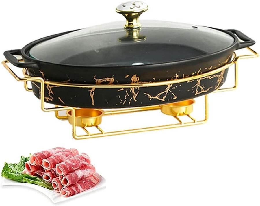Keramiek Chafing Dish Buffet warmer Voedselverwarmer Feesten serveren Imitatie marmeren afwerking 30x18x55cm Zwart