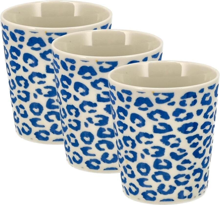 Keramiek Zonder Oor Set van 3 – 200 ml Espresso Kopjes – Cappuccino Bekers – Luipaard Patroon Theekopjes Blauw-Wit