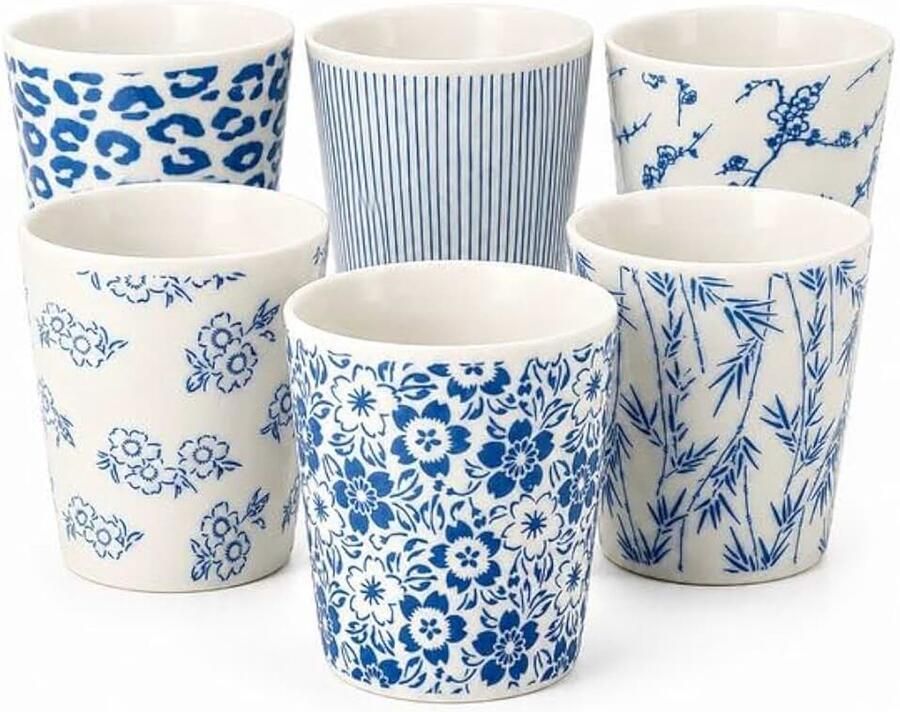 Keramiek Zonder Oor Set van 6 – Keramische Koffiemokken 200 ml – Blauw-Wit Stapelbaar – Koffiekopjes voor Espresso Lungo Cappuccino Koffie en Thee