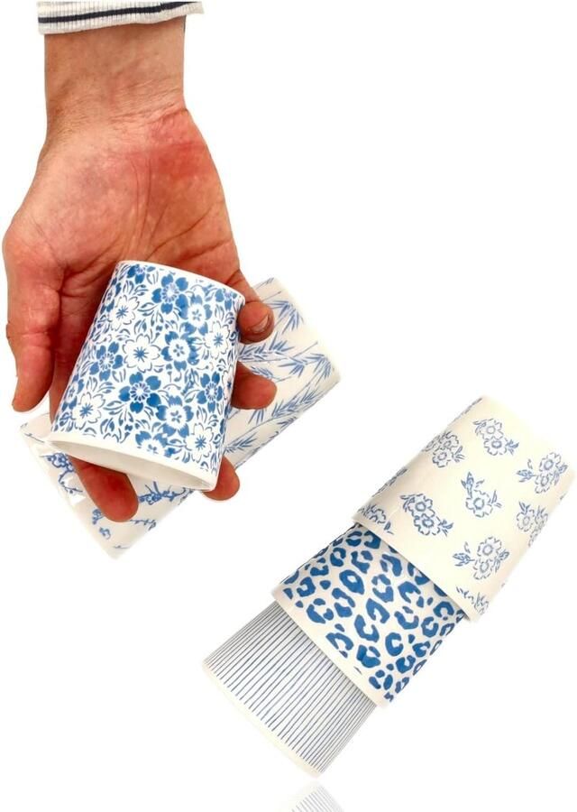 Keramiek Zonder Oor Set van 6 – Keramische Koffiemokken 200 ml – Blauw-Wit Stapelbaar – Koffiekopjes voor Espresso Lungo Cappuccino Koffie en Thee