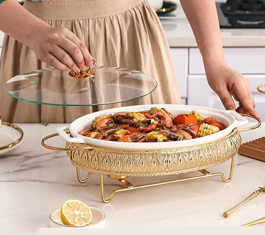 Keramische Chafing Dish Warmhoudplaat Buffet Eten Warm Houden Dubbele Branders Ondersteuning 35-41.5 cm Wit
