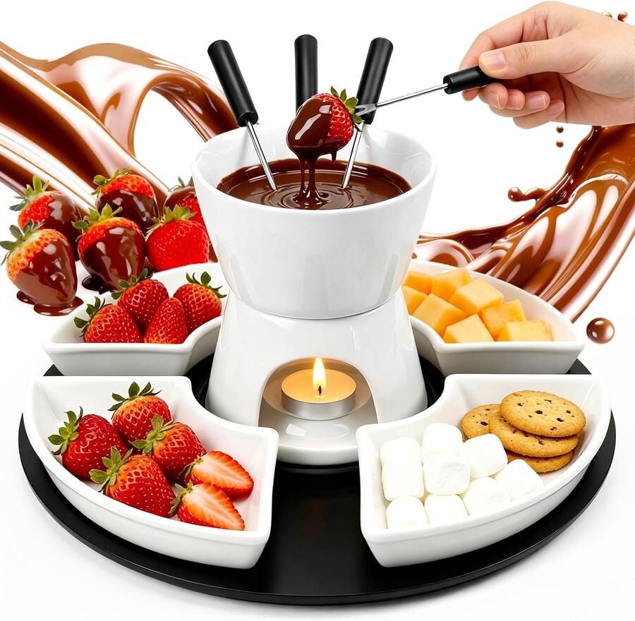 Keramische Chocolade Fondueset Wit 10 5 x 12 cm Porselein met 4 Borden en 4 Vorken Voor Fondue en Geschenken