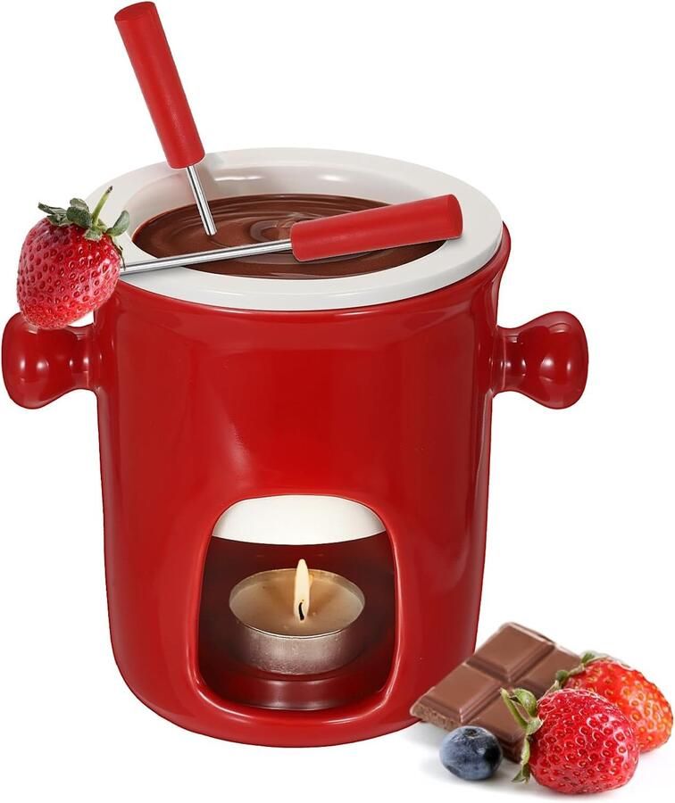 Keramische Chocoladefonduepannenset Rood Fondue voor Chocolade en Kaas Voor Familiediner en Feestjes