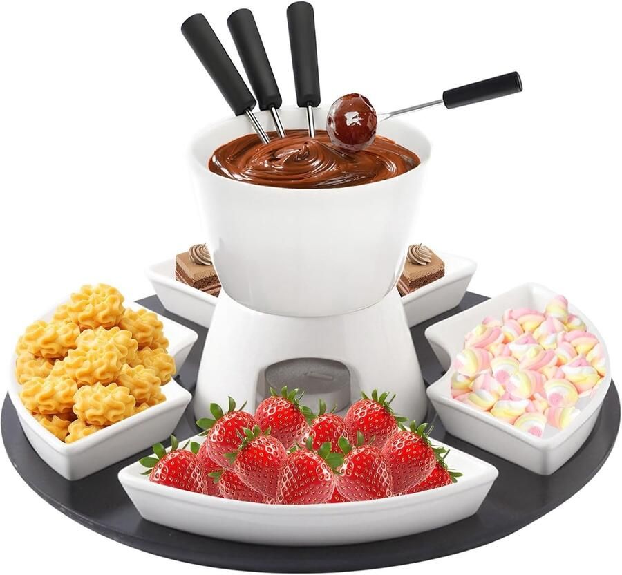Keramische Chocoladefondueset Wit Hoogwaardige Smeltpan met Vorken en Borden Voor Feestjes en Speciale Gelegenheden
