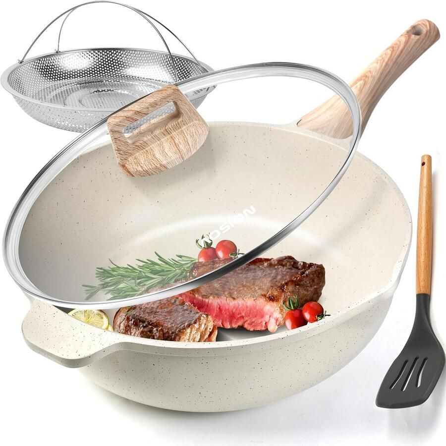 Keramische diepe braadpan met antiaanbaklaag 4 5 liter geschikt voor inductie inclusief stoomrooster en deksel