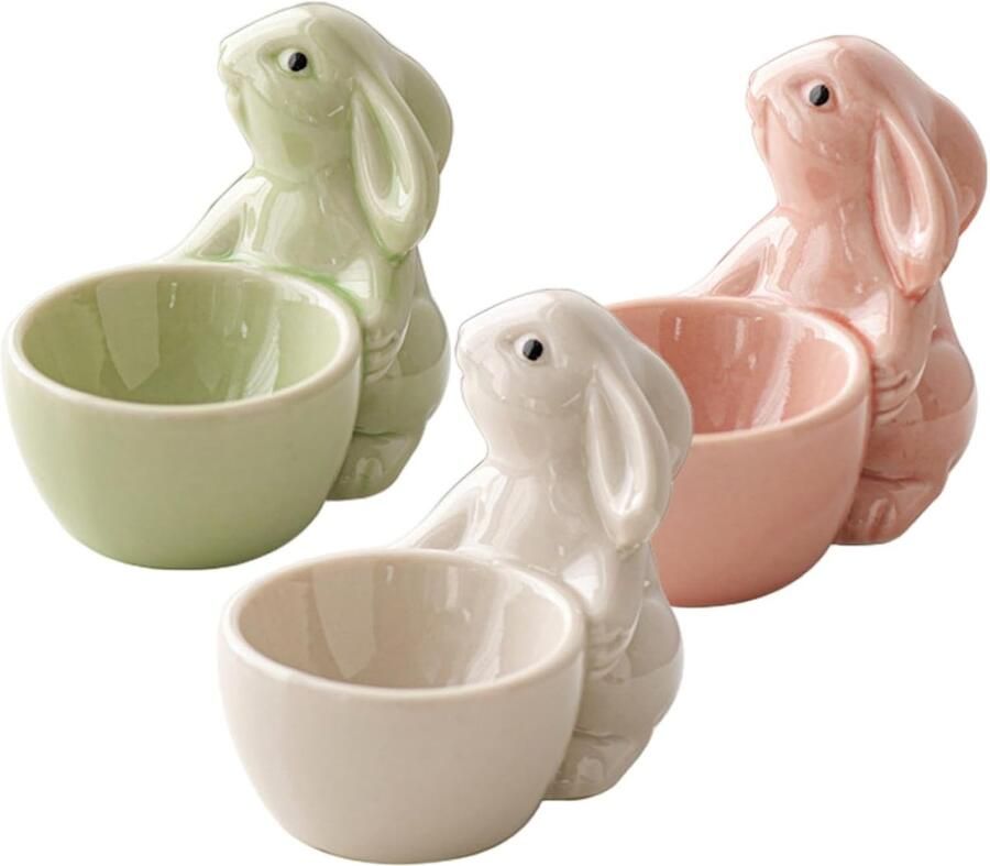 Keramische Ei Houders Bunny Decoratie Paasfeest Tafel Schattig Konijn Design 3 Stuks Wit