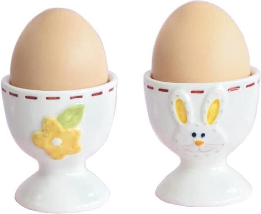 Keramische eierbeker Eierhouder set Ontbijt serveren Handbeschilderd konijn ontwerp Set van 2 Wit en geel