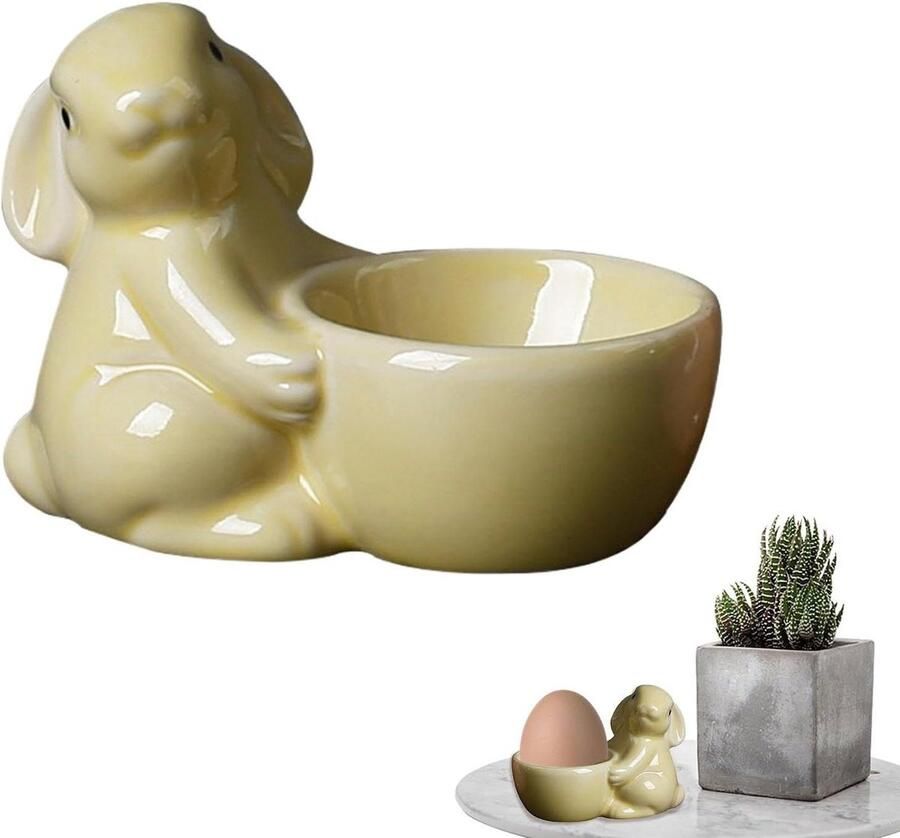 Keramische Eierdop Houders voor gekookte eieren Ontbijt presenteren Met konijn design 9 x 6.5 cm Geel