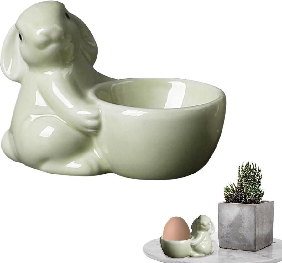 Keramische eierdopjes Ei houder Ontbijt tafel Charmant konijn ontwerp 11 cm breed Groen