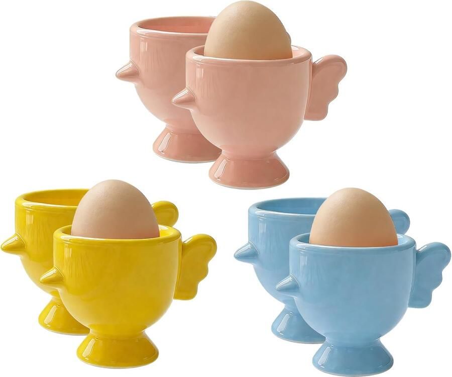 Keramische eierdopjes Eierhouders Porselein Ontbijt Serveren Vaatwasmachinebestendig 6 stuks Geel Blauw Roze