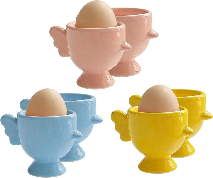 Keramische eierdopjes Porselein eierhouders Ontbijt serveren Vaatwasmachinebestendig 6 stuks Geel blauw roze