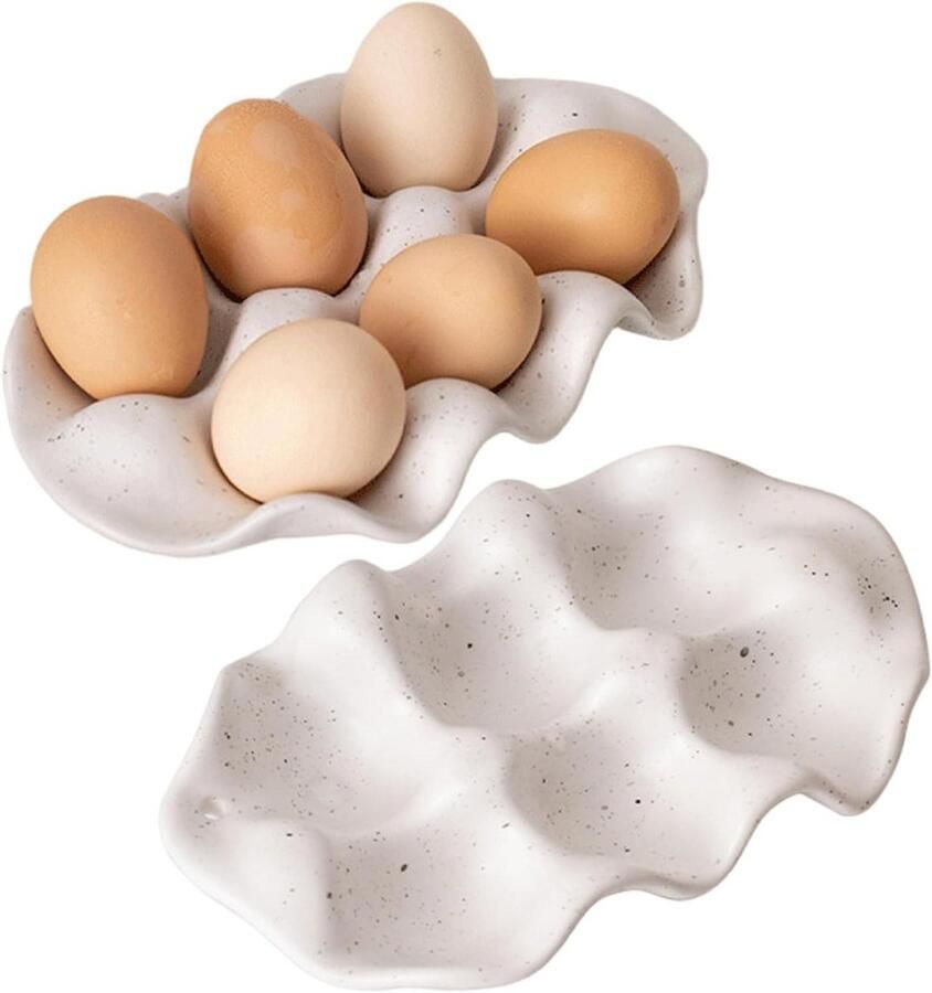 Keramische Eierhouder Eiermand Opbergbak Keuken Organiseren Minimalistisch Modern Design 6 Rasters Wit