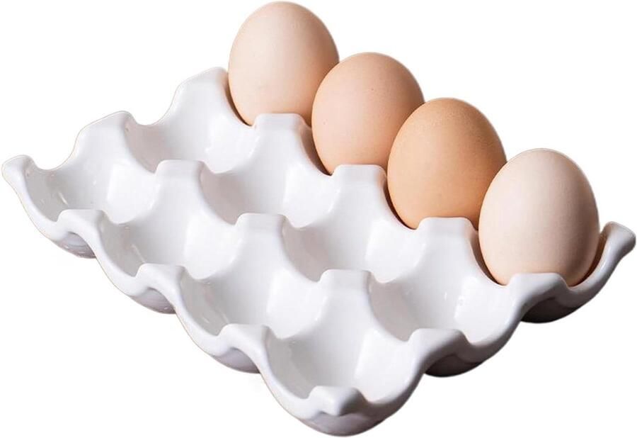 Keramische eierhouder Eierrek Eierbak Keuken organiseren Hittebestendig keramiek 12 kopjes Wit
