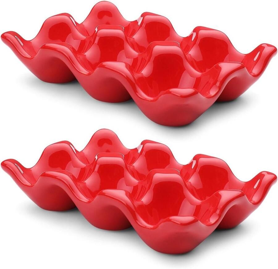 Keramische Eierhouder Eierrekje Eierplateau Keuken Organisatie Set van 2 Voor 6 Eieren Rood