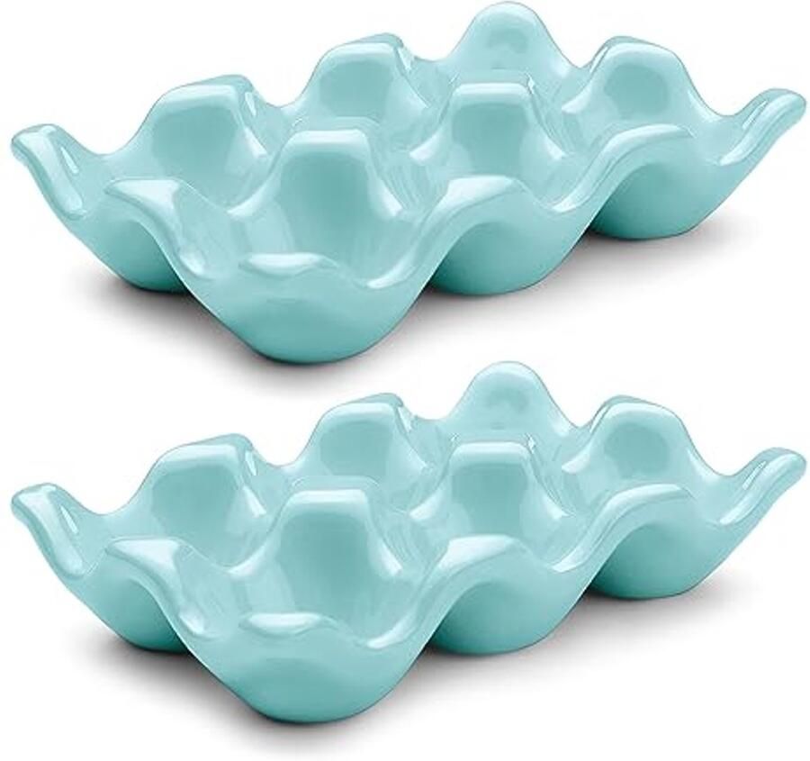 Keramische Eierhouder voor 6 Eieren Blauwe Decoratieve Serveerschaal en Opbergorganizer 2 Stuks