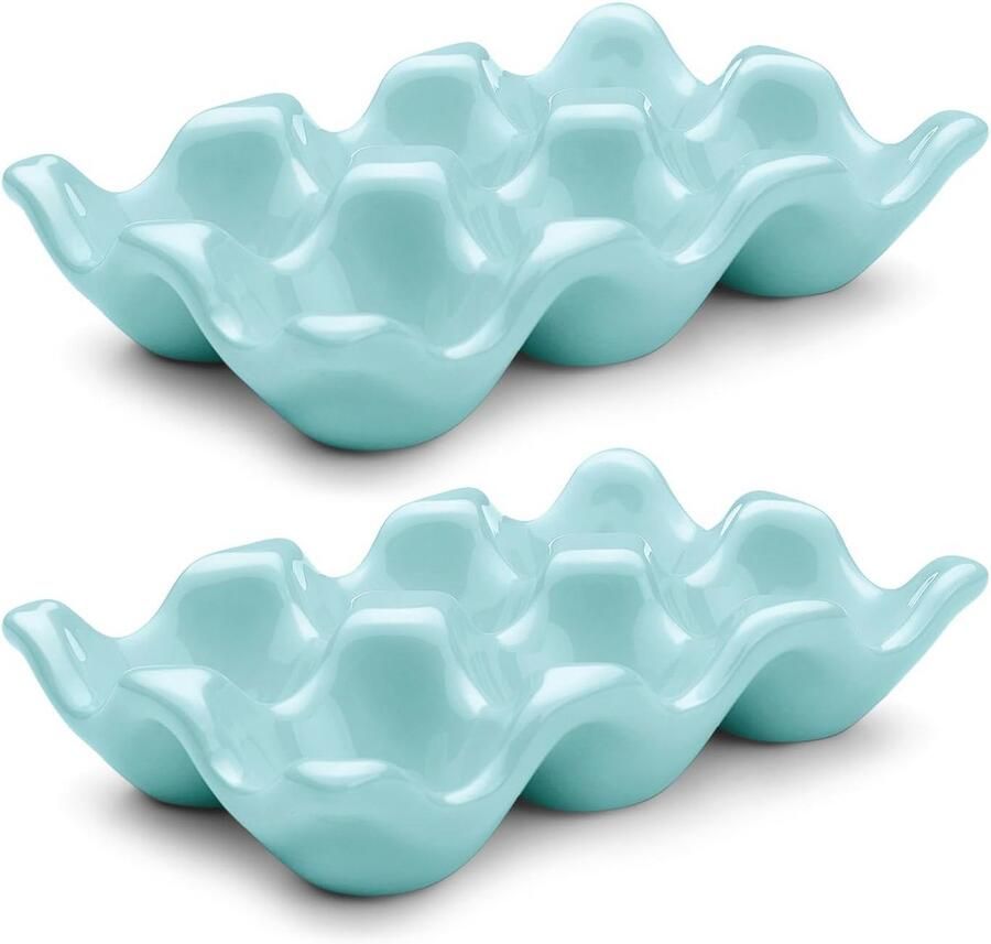 Keramische Eierhouder voor 6 Eieren Blauwe Decoratieve Serveerschaal en Opbergorganizer 2 Stuks