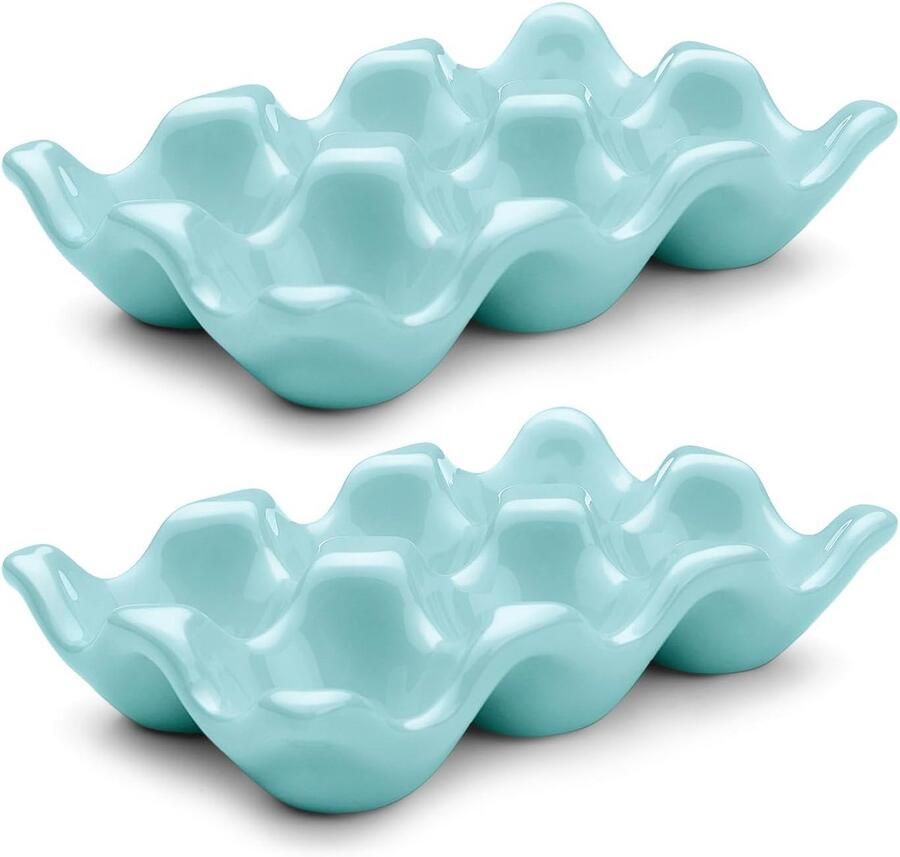 Keramische Eierhouder voor 6 Eieren Blauwe Decoratieve Serveerschaal en Opbergorganizer 2 Stuks