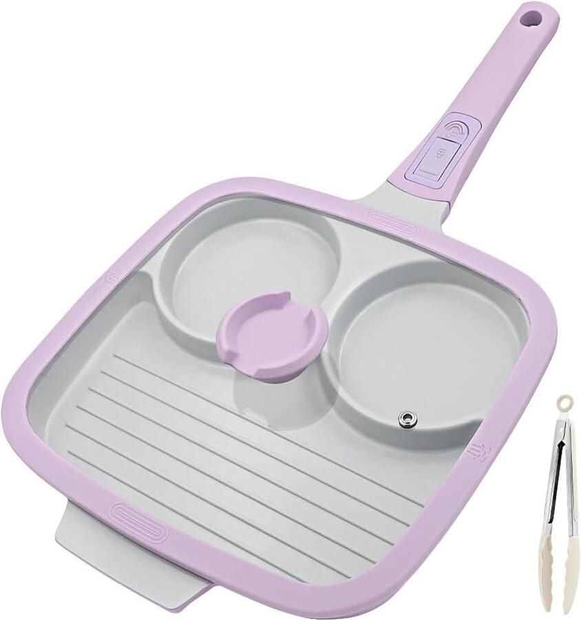 Keramische Eierkoekenpan met Deksel 3 in 1 Paars 26 x 24 cm Anti-aanbak Pannenkoekenpan met Afneembaar Handvat Voor Alle Soorten Keukens