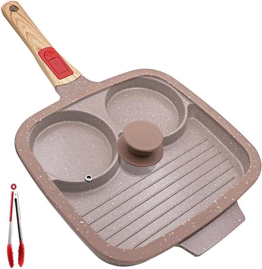 Keramische eierpan Ontbijtpan met deksel Gelijkvloers koken Drie secties 26 cm Bruin