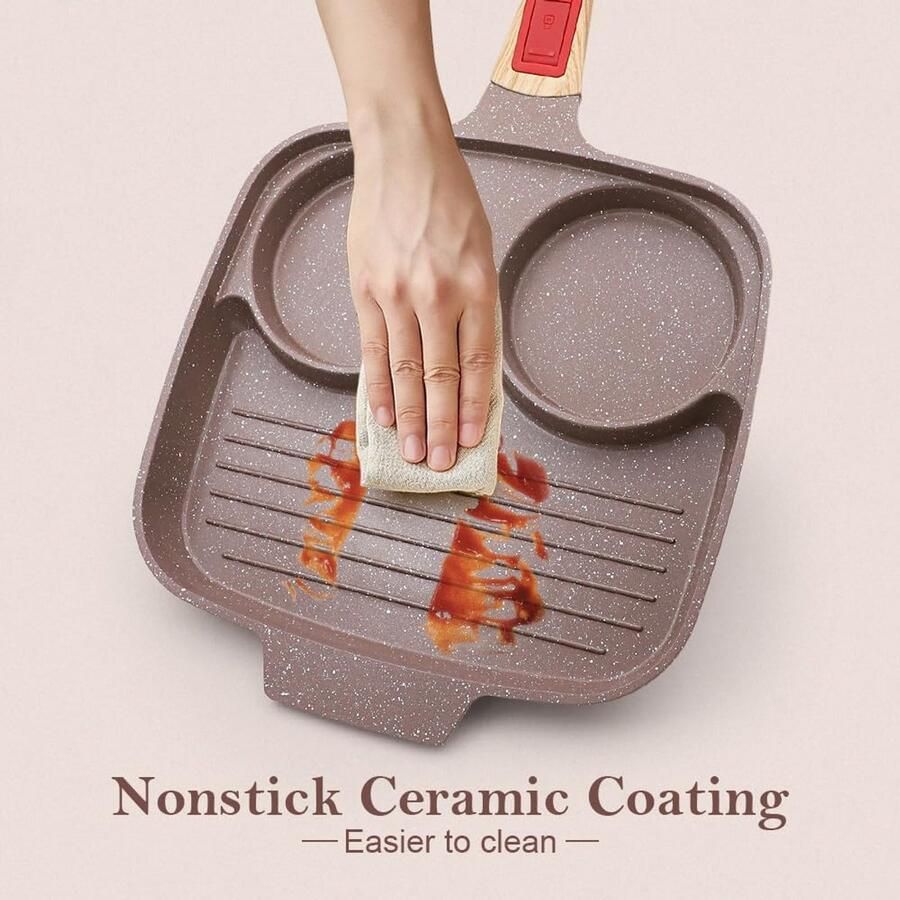 Keramische eierpan Ontbijtpan met deksel Ontbijt koken 3 secties 26 cm Bruin