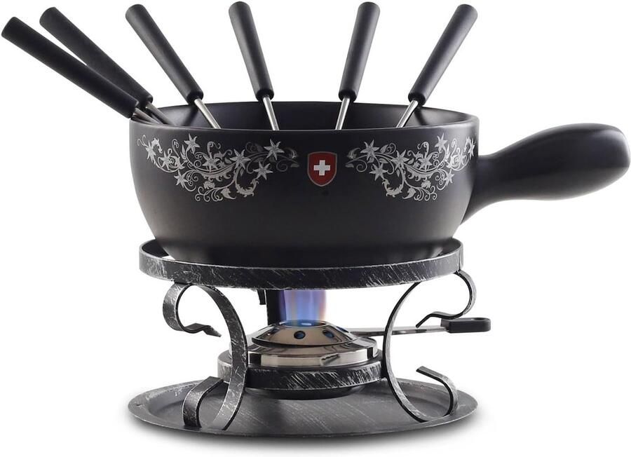 Keramische Fondueset Kaas Chocola Gezellig Tafelen Inclusief 6 Vorken 2.1 Liter Zwart