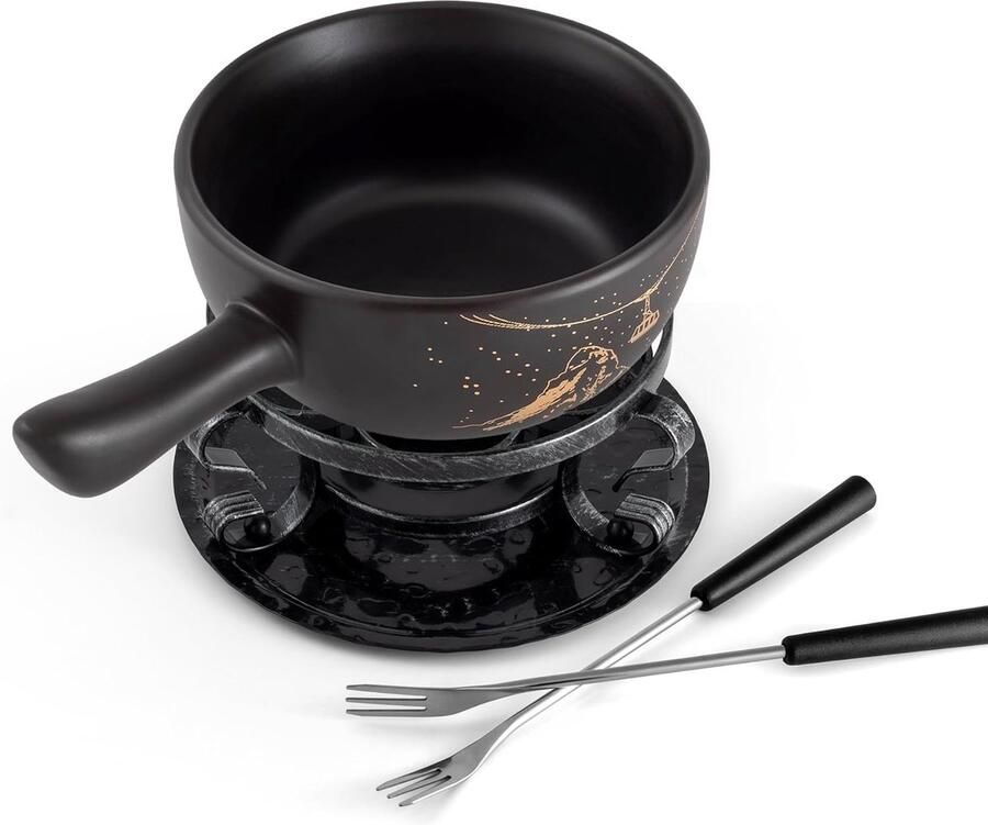 Keramische fondueset Kaasfondue set Gezellig Tafelen Oven magnetron brander 9 Delig Zwart