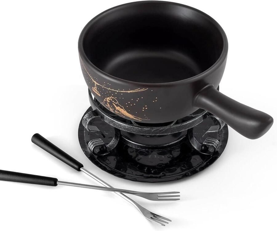 Keramische fondueset Kaasfondue set Gezellig tafelen Oven magnetron brander 9 stuks Zwart