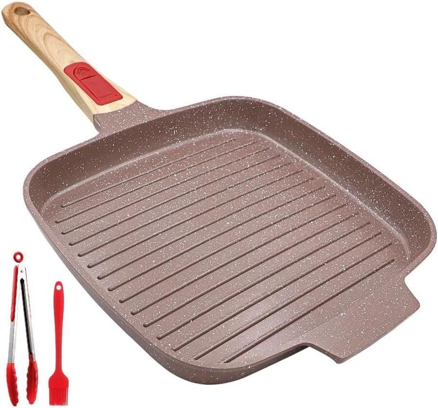 Keramische Grill Pan Koekenpan Efficiënt Koken Afneembaar Handvat 26 cm Bruin