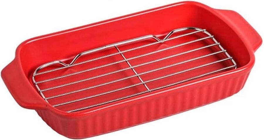 Keramische Grillpan Ovenschaal Bakvorm Oven Gebruik Met Olie-Aftapnet 28.5x14.5x4cm Rood