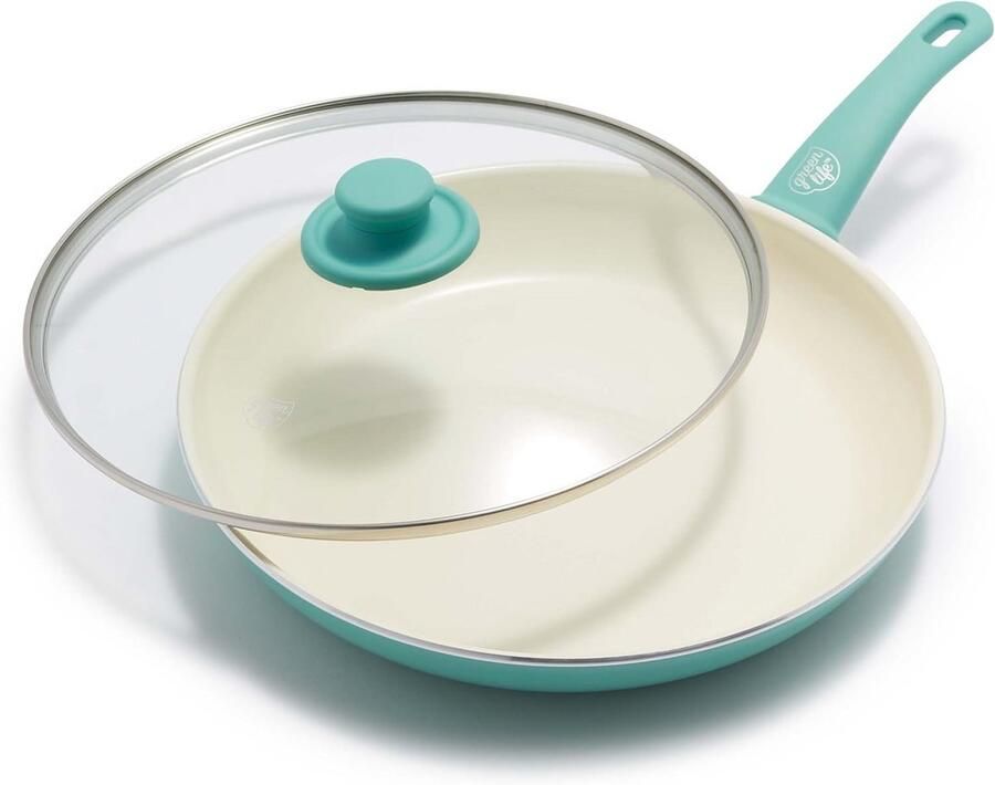 Keramische Koekenpan 30 cm met Antiaanbaklaag en Deksel Turquoise